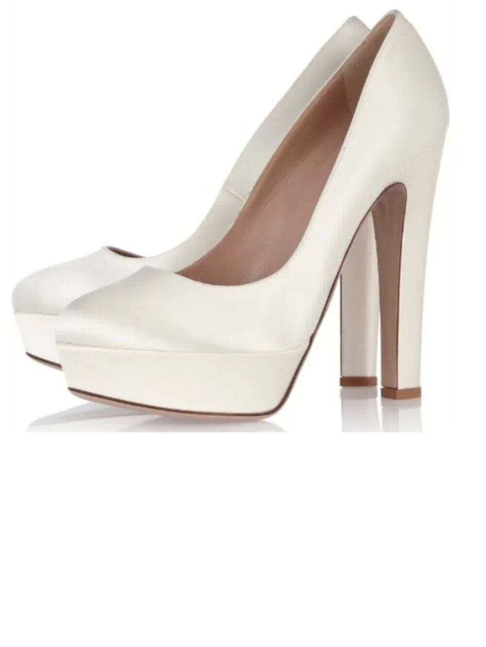 FSJ White Satin Chunky Heel Pumps Round Toe Platform Wedding Shoes
